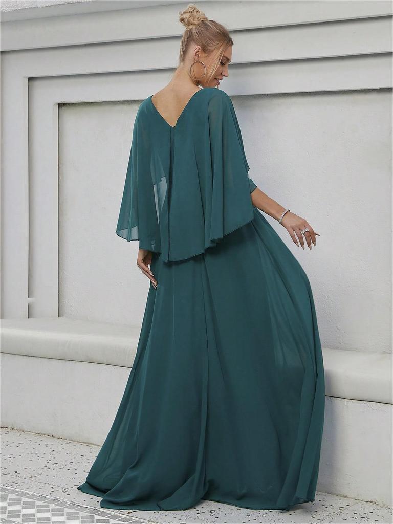 Elegant V-Neck Sequined Evening Gown with Trumpet Sleeves and Embroidered Applique