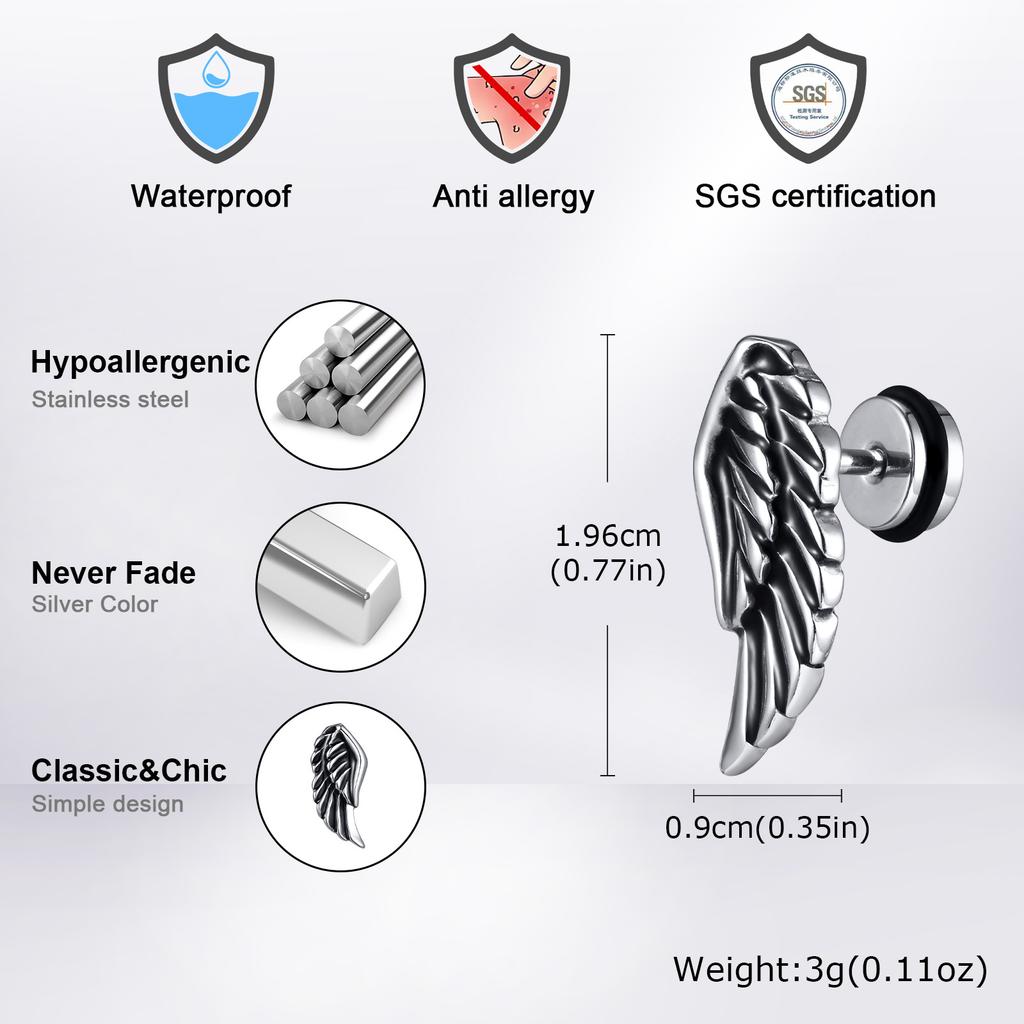 Vnox Gothic Devil Wing Stud Earrings, Angel Feather Piercing Ear Jewelry, Mens Boys Vintage Brincos