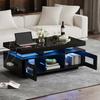 Sofa Table 100x50x43cm Black High-Gloss Coffee Table, with LED Lights Controllable, Mobile App, Living Room Center Cabinet, Charging Port And