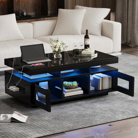 Sofa Table 100x50x43cm Black High-Gloss Coffee Table, with LED Lights Controllable, Mobile App, Living Room Center Cabinet, Charging Port And
