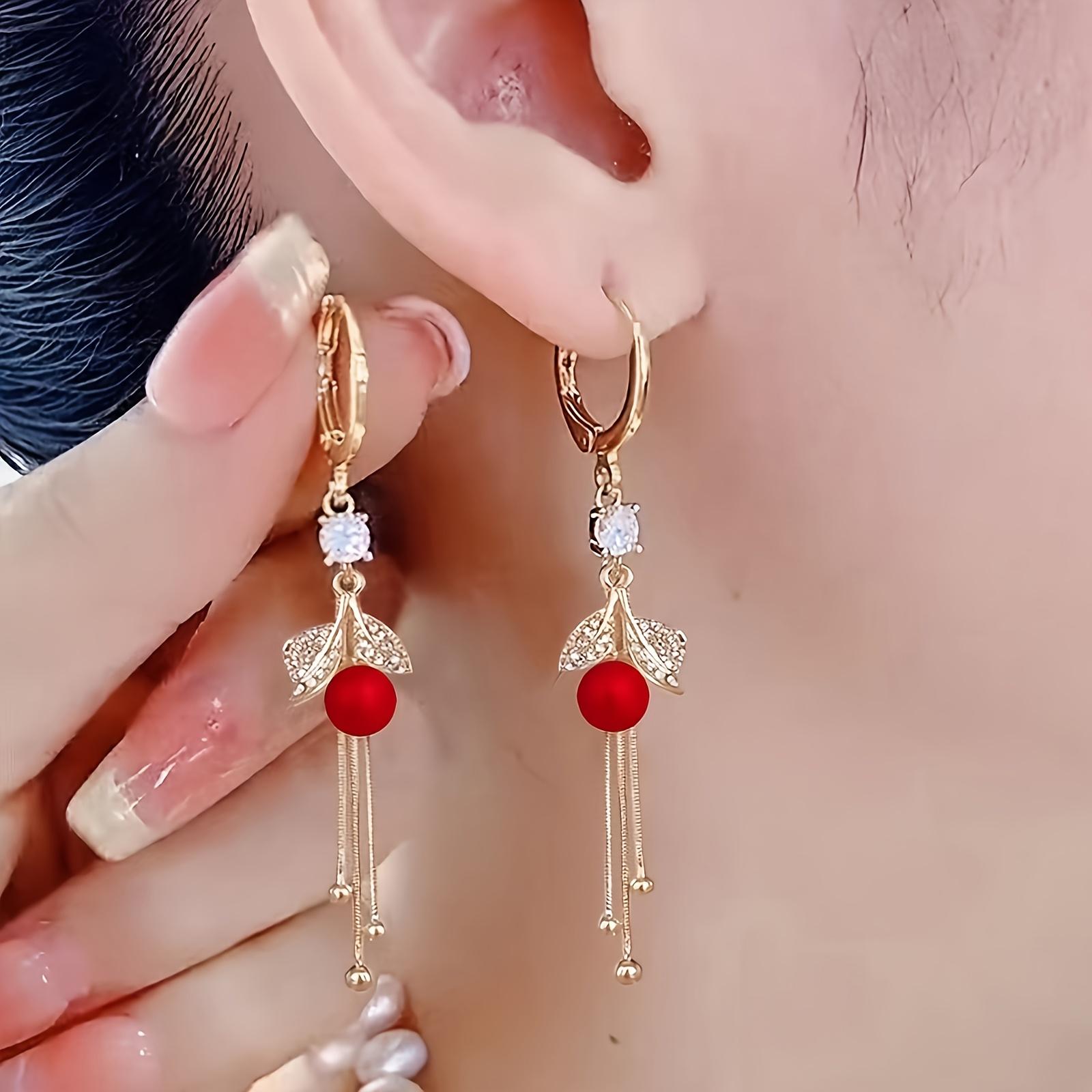 Elegant Red Imitation Pearl Leaf Tassel Earrings Hypoallergenic Alloy Shiny Rhinestone Decorations Jewelry For Women