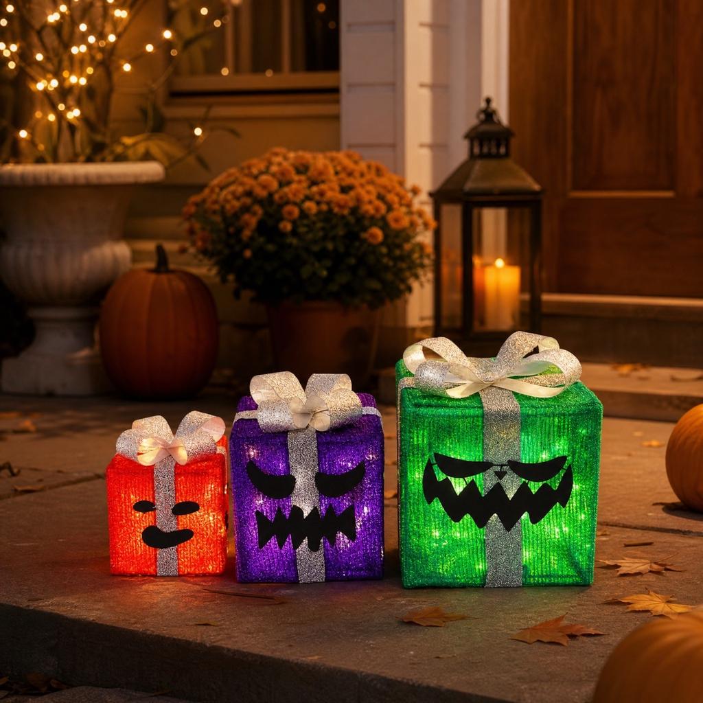 Halloween Light-Up Gift Box Set - 3 Pack Glowing Decorative Boxes for Treats, Party Favors and Holiday Decor