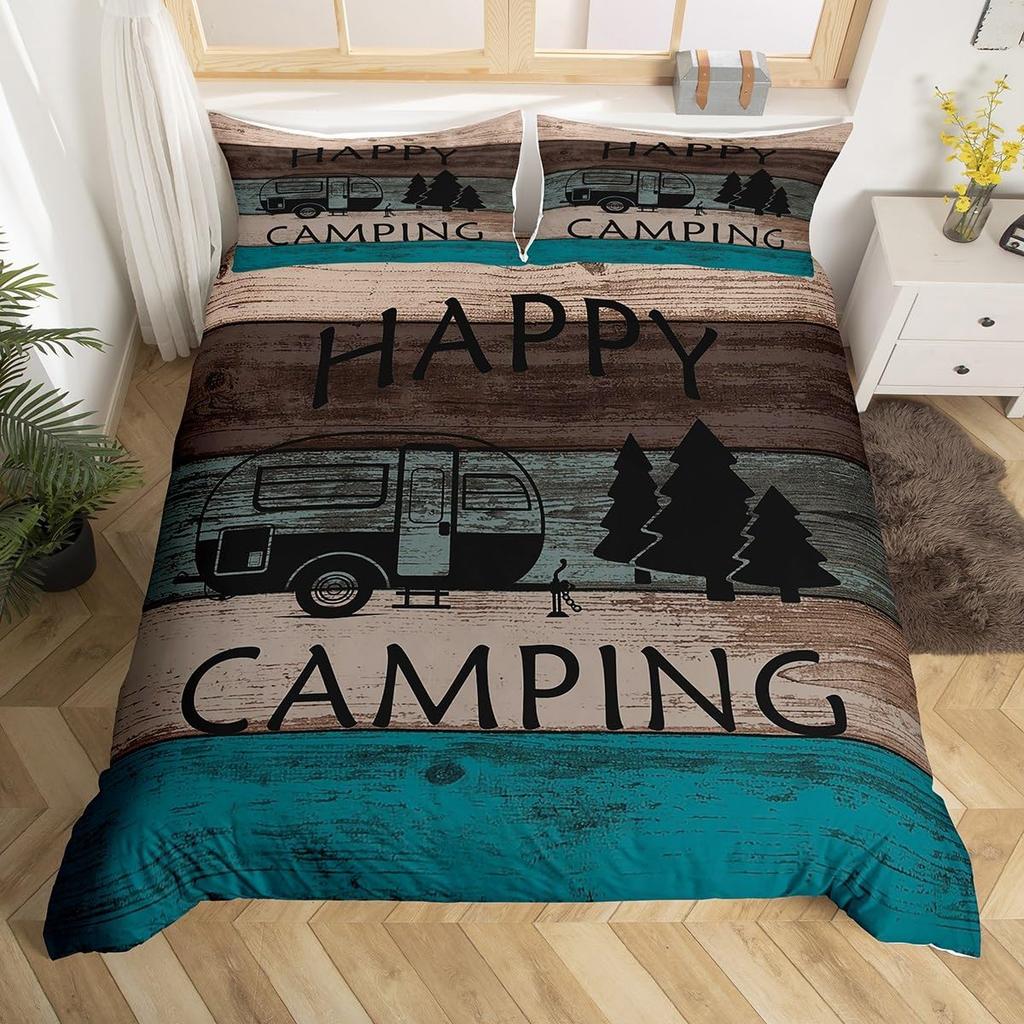 Happy Camping Duvet Cover Queen Full Twin King Camper Theme Comforter Cover With 2 Pillowcase Rustic Farmhouse Style Bedding Set