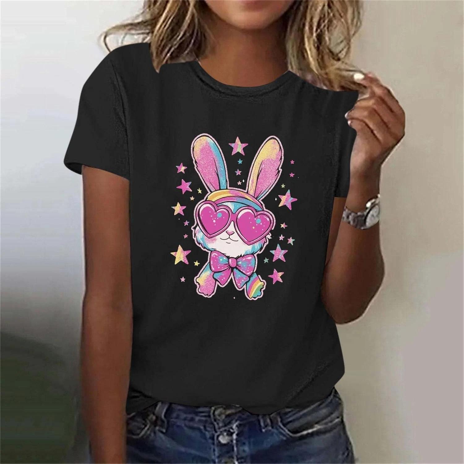Happy Easter Bunny Sunglasses T-Shirt Women Cute Rabbit Graphic Tee Black Shirt 4XL