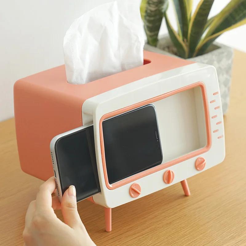 Kreative 2-in-1-Tissue-Box für Fernseher, Papierhalter für den Schreibtisch, Spender, Aufbewahrung, Serviettenetui, Organizer mit Handyhalter