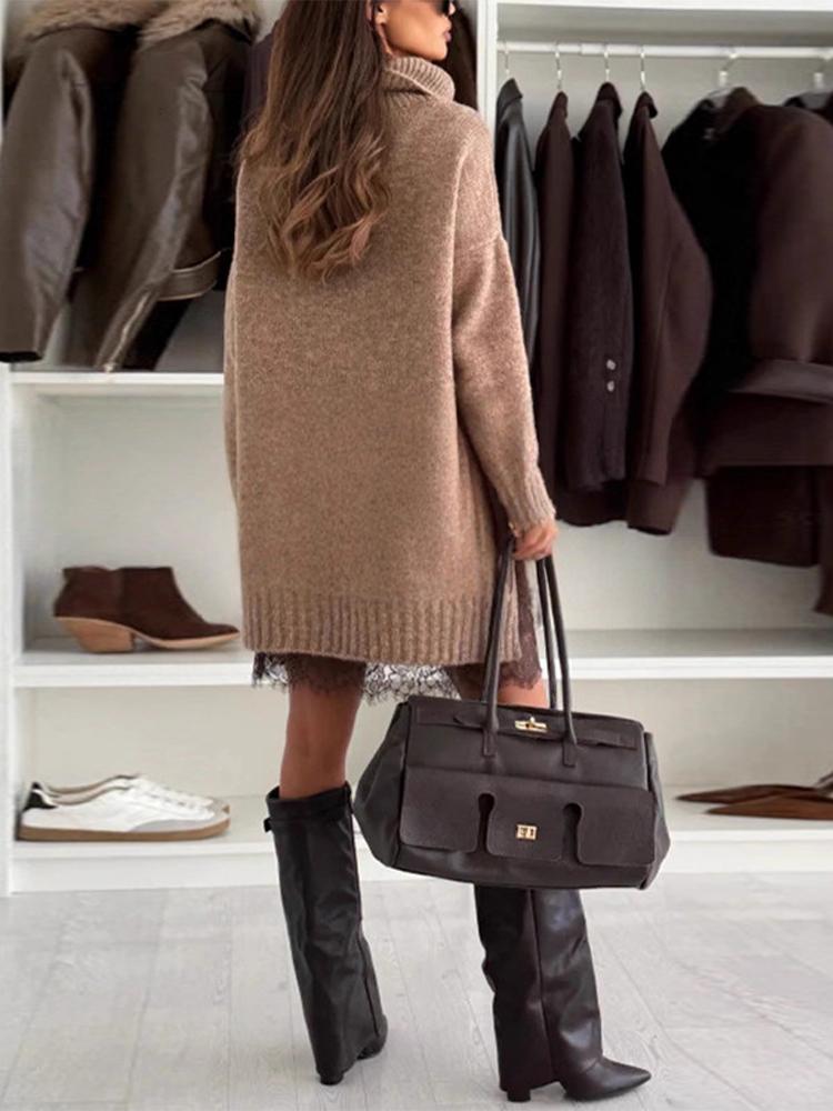 Damen Rollkragen Pullover Spitze Spitze Spitze Set Kleid