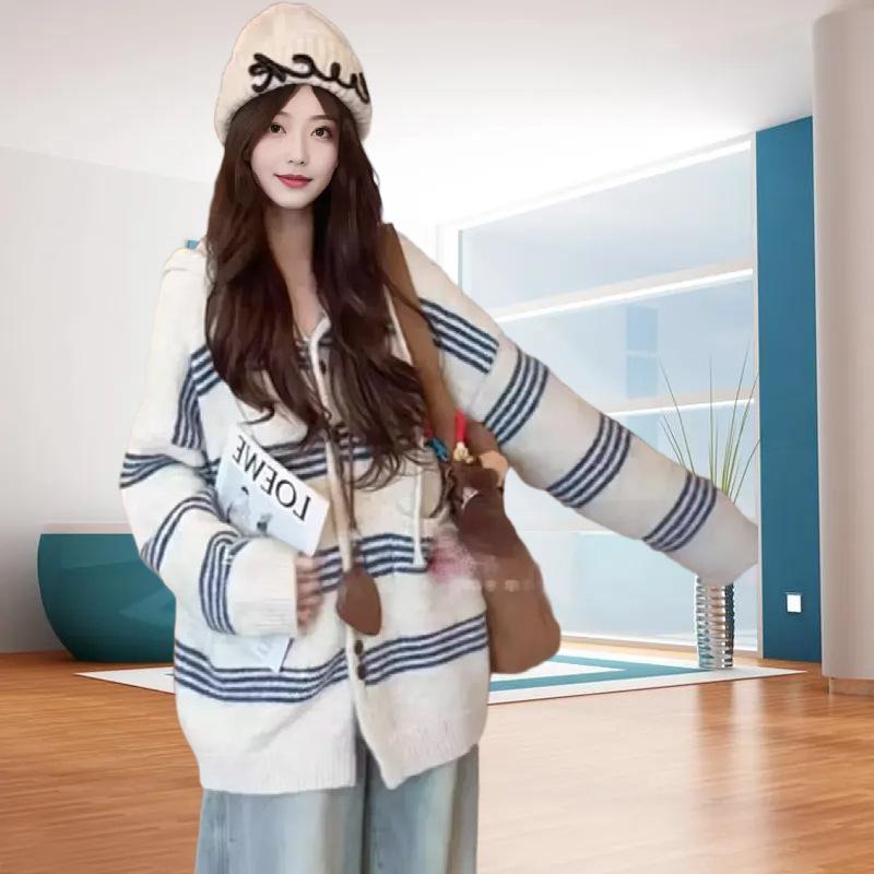 Large size autumn and winter new contrasting striped hooded long-sleeved knitted cardigan lazy wind medium and long women's sweater