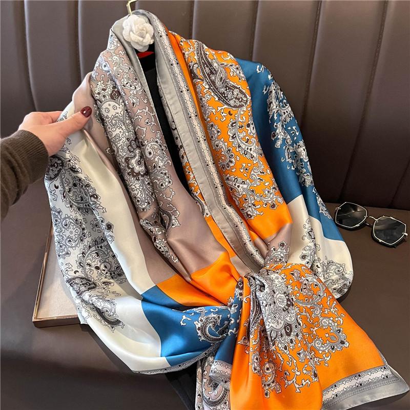 Vintage Green Lotus Print Silk Scarf Women Elegant Shawl Classic Outdoor Windproof Satin Head Wrap Travel Beach Towel 180*90Cm