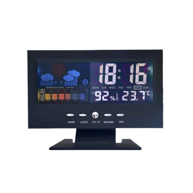 Multifunktionale Wetterstation Uhr Hygrometer Kalender Digitales LCD-Display Temperatur- und Luftfeuchtigkeitsmesser Sprachsteuerung ABS