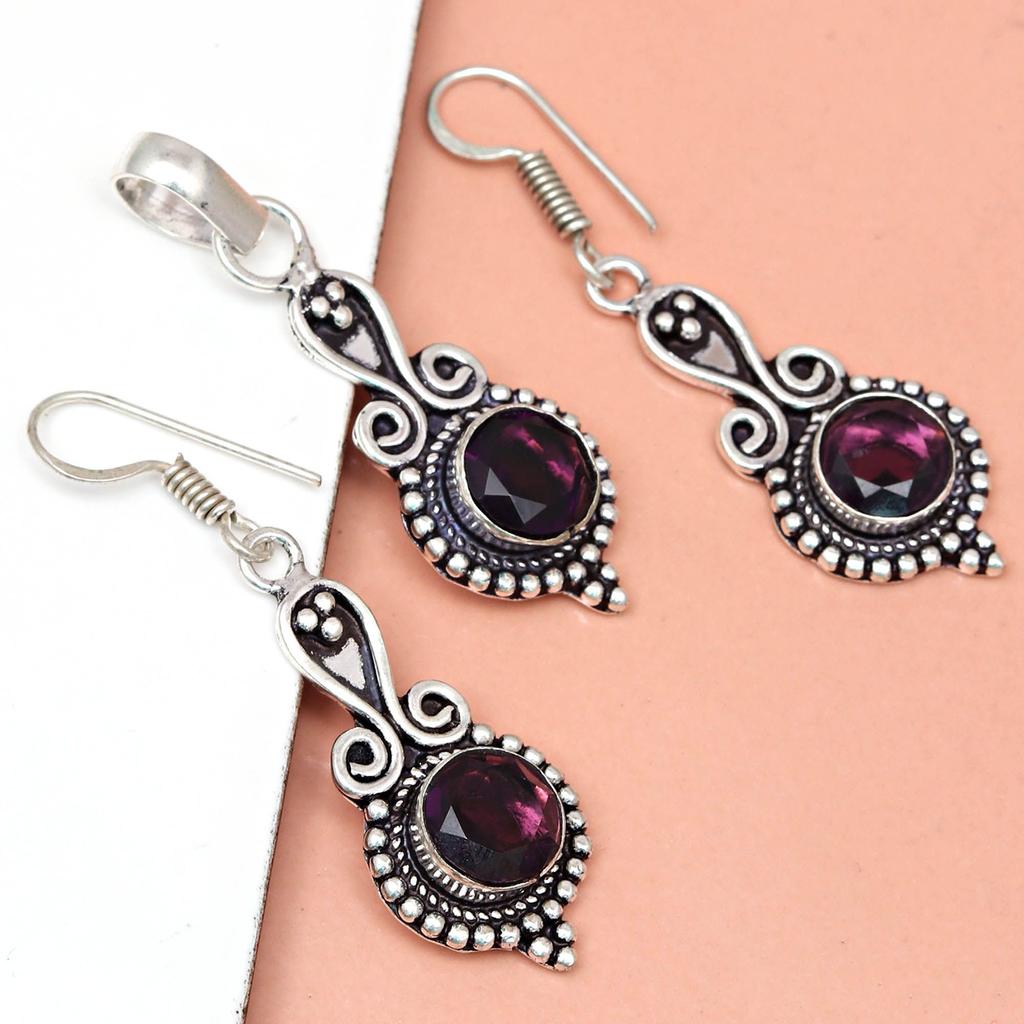 Set Amethyst Pendant Earrings Girls Earring Necklace Sterling