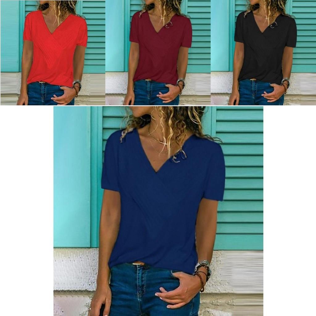 Women's V-neck Tunic Short Sleeve Loose Top T-shirt Plus Stylish Blouse Option