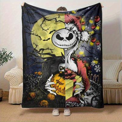 1pc, Cozy Home Decor: Jack Skellington's Festive Split Design Blanket Perfect Gift for Bedroom, Living Room, Travel, Camping, Car