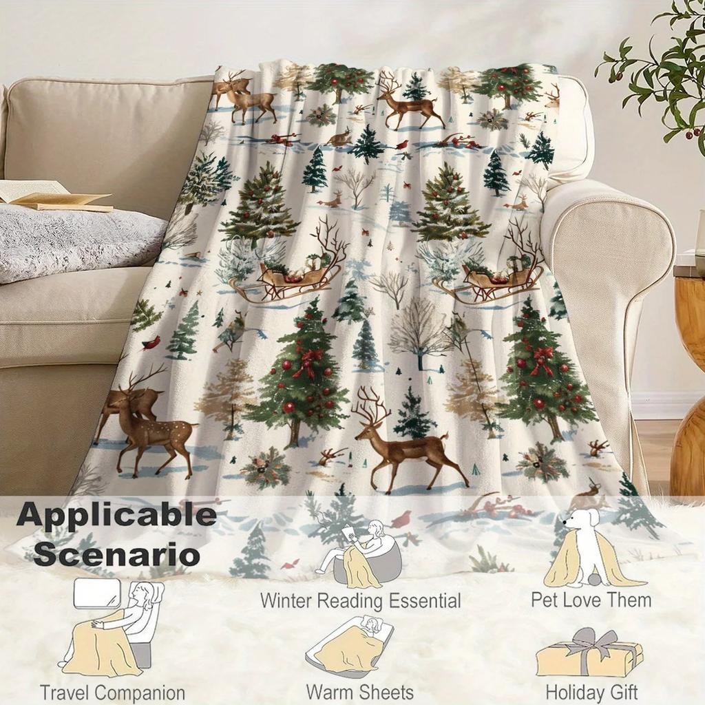 1pc Christmas Flannel Throw Blanket, Soft Polyester, Contemporary Style, Digital Print, All-Season, Machine Washable, 200-250g