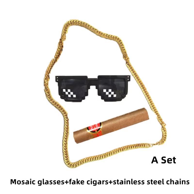 

Fun Mosaic Glasses Anti True Cigar Stainless Steel Vintage Gold Chain Trick Set Christmas Costume Party Decompression Toys OneSize