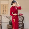 Womens Long Sleeve Winter Cheongsam Dress Red Beige Chenille Jacquard Warm Lined Vintage Style Full Length