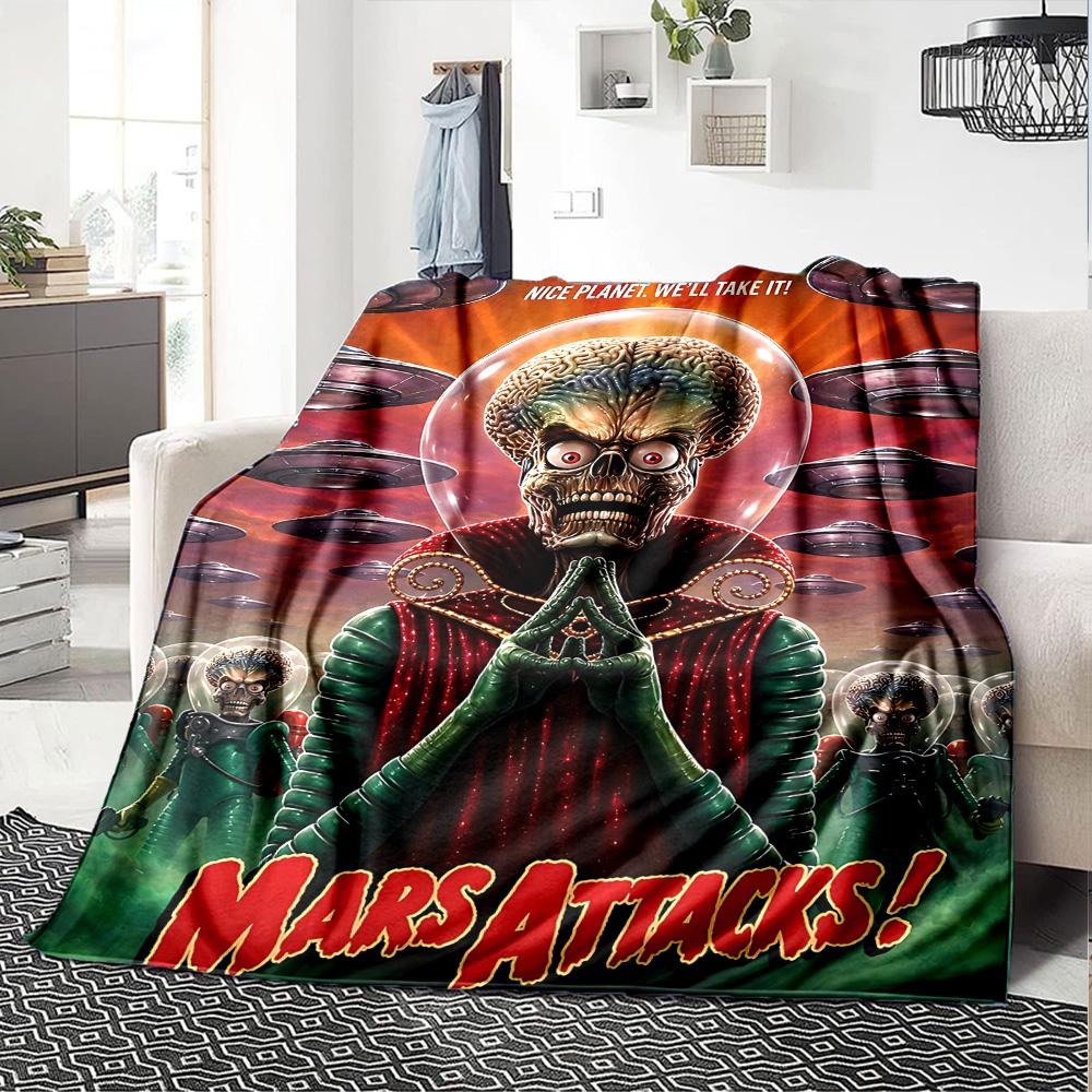 Mars Alien Invasion Flannel Blanket Super Soft Warm Cozy Blanket for Sofa Bed Office Travel All‑Season Home Decor Gift
