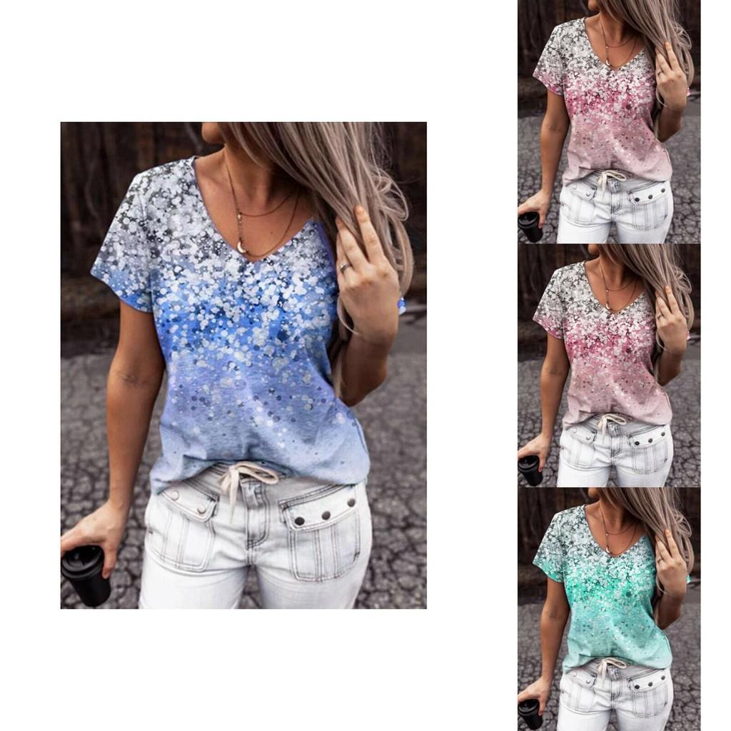 Elegant Womens V-neck Short Sleeve Floral Print Tops T-shirt For Casual Wear