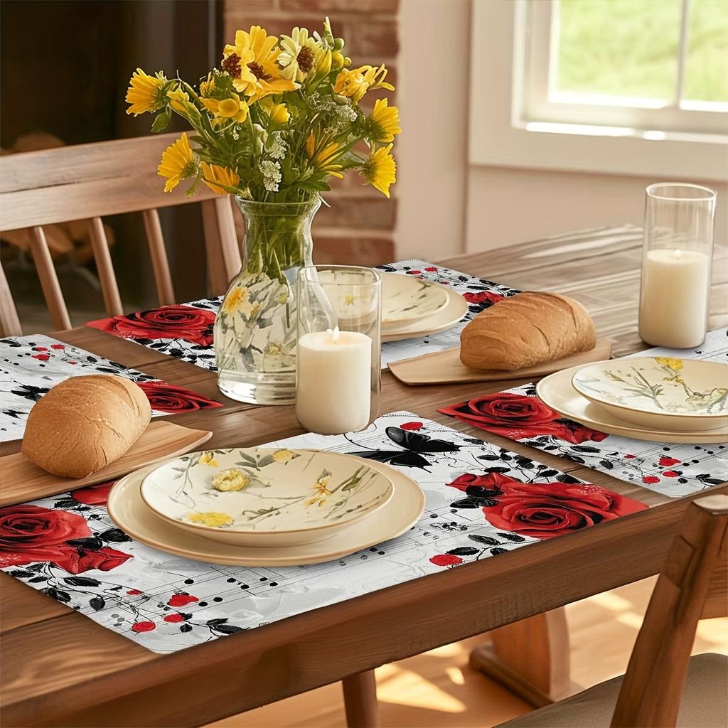 4pcs Elegant Red Rose & Black Butterfly Placemats On White Background - 12"x18" Polyester Woven Table Mats for Spring/Summer Dining, Wedding Banquets