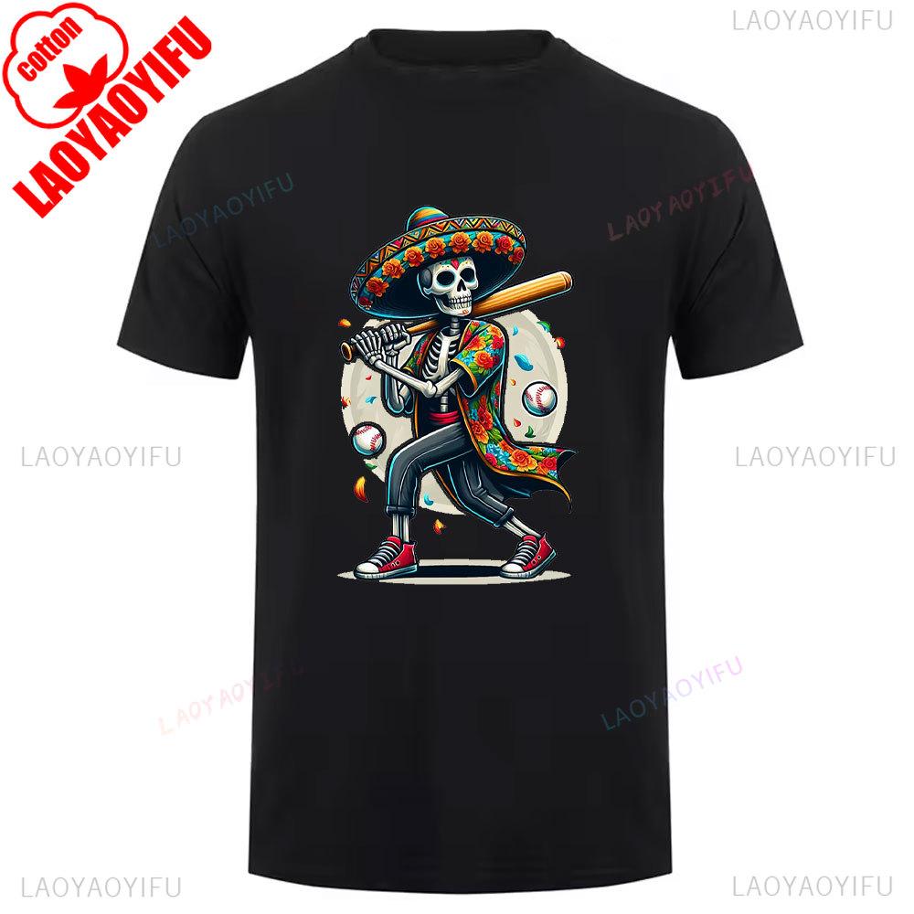 Cotton Summer Short Sleeve Mexican Skull Unisex Tee Round Neck Breathable Vintage Pattern Graphic Shortsleeved Launched Top