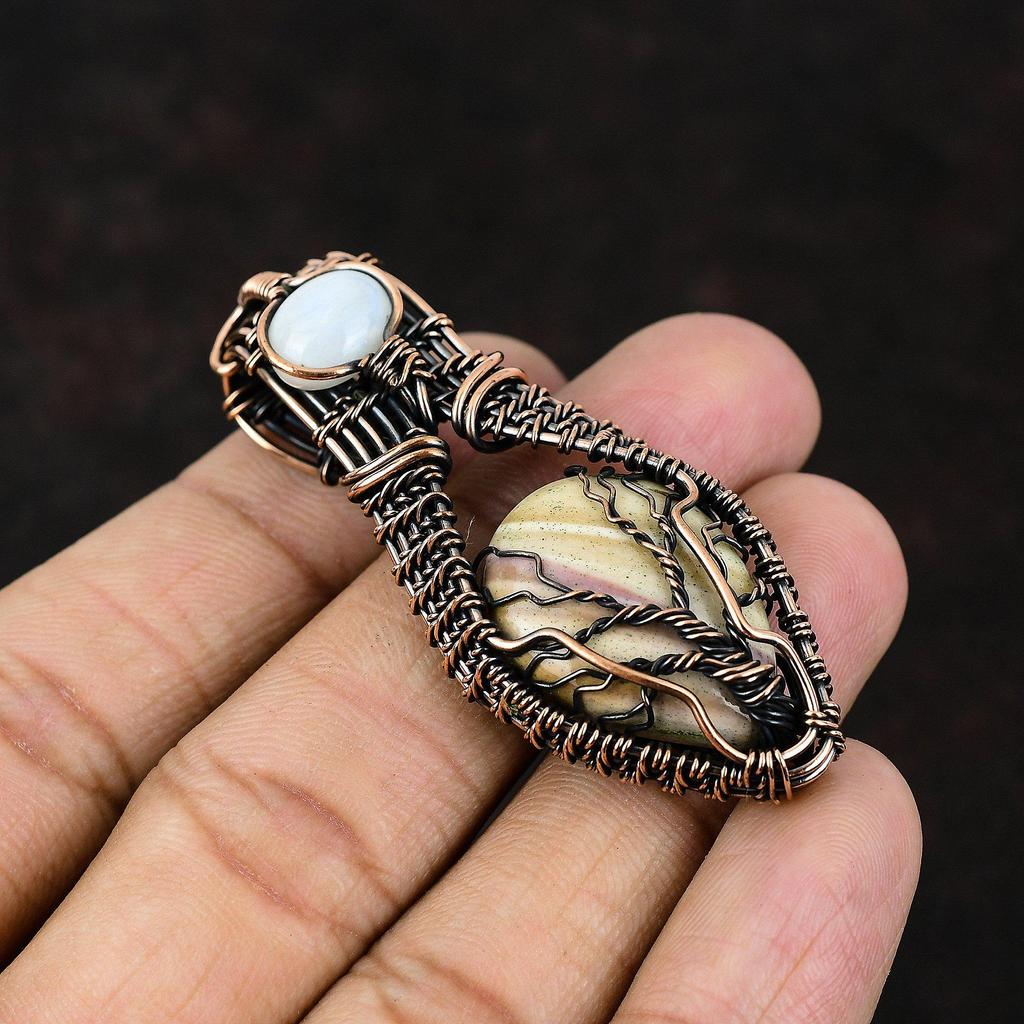 Lebensbaum Mookait Edelstein Kupfer Anhänger Kupferdraht gewickelter Schmuck Regenbogenmondstein Schmuck Edelstein Handgefertigter Anhänger Geschenk für Mama