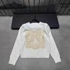 D Family Early Spring Rhinestone Butterfly Embroidered Round Neck Pullover Knit Long Sleeve Casual Top