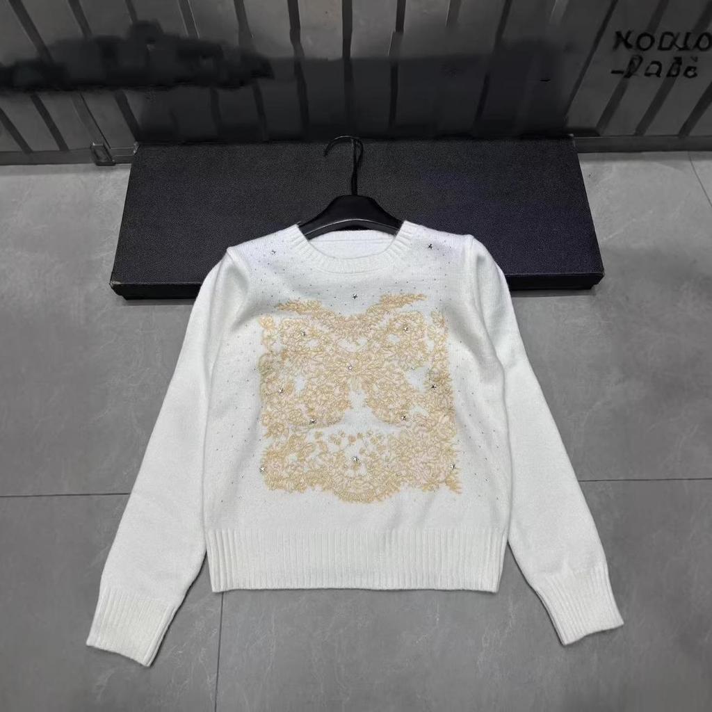 D Family Early Spring Rhinestone Butterfly Embroidered Round Neck Pullover Knit Long Sleeve Casual Top