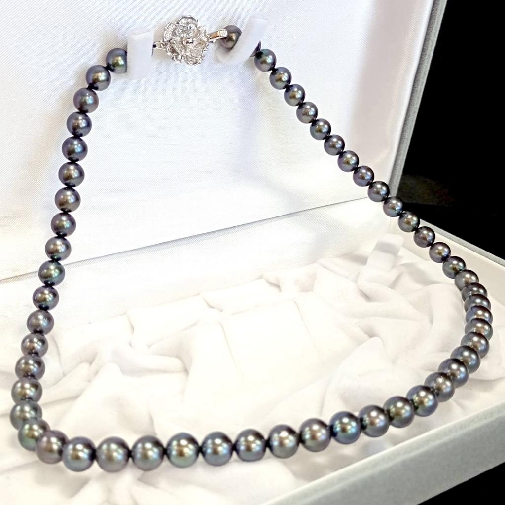 Akoya Pearl Black Necklace Natural Pearl Jewelry High-Luster Approx.40cm 7.0mm–7.5mm 33.2g Silver Clasps w/Box