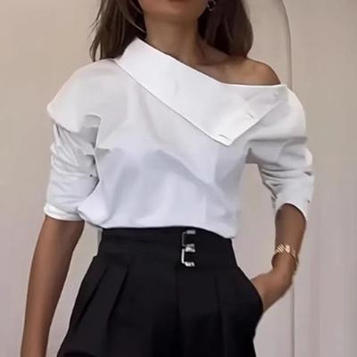 Kadın Gömlek Düğme Eklemeli Balıkçı Yaka Uzun Kollu Rahat Bol Kesim Gömlek Düz