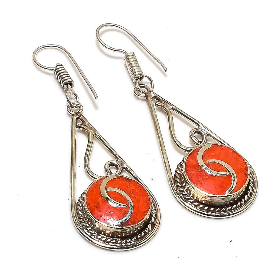 

Natural Red Coral Gemstone Handmade Jewelry Earring 2.36 D6o96