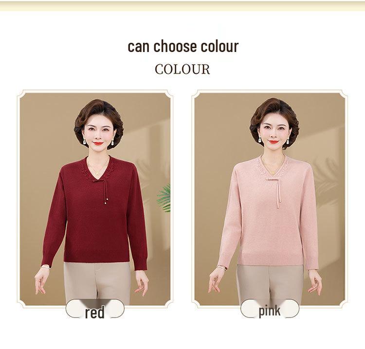2025 New Style Red Winter Base Layer Top for Middle-Aged Women - Thickened Knitted Sweater