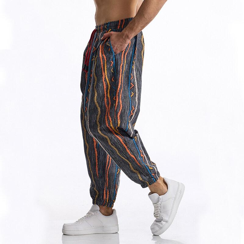 Summer Cotton Linen Men's Casual Drawstring Graphic Print Boho Tribal Vintage Pants Outdoor Activities Trousers Running Jogger