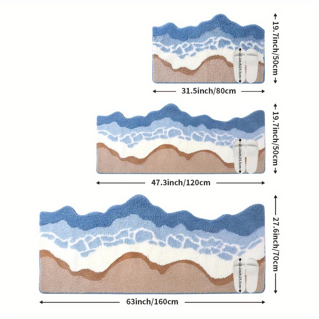 1pc Dajang Plush Bath Mat - Non-Slip, Absorbent, Machine Washable Polyester Bath Mat with Ocean Wave Design, Blue & White,Perfect for Bathroom,Toilet