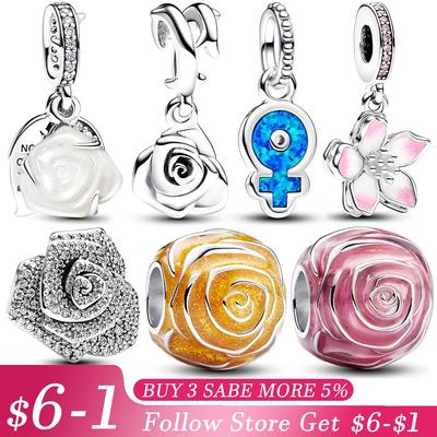 New S925 Silver Zircon Rose Pink Flower White Jasmine Charm Beads Fits  Charms Original Bracelet As Jewelry Gifts
