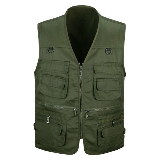 Men Waistcoat Solid Color Multi Pockets Zipper Sleeveless Spring Vest for Fishing