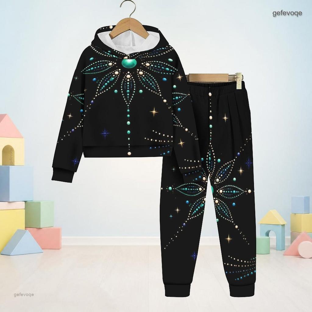 Boys Girls Hooded Long Sleeve Printed Sweatshirt Cuffed Pants Two Piece Set