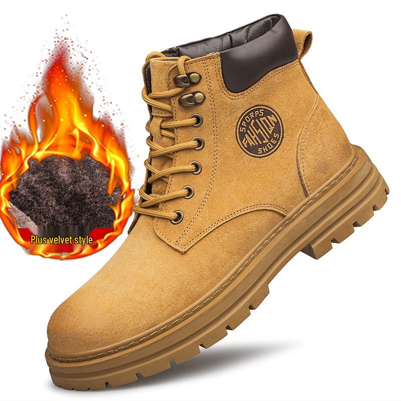 Men's Large Size Winter Genuine Leather Martin Boots, Thick Sole, High-Top, Outdoor, Plus Velvet, Yellow Work Boots.