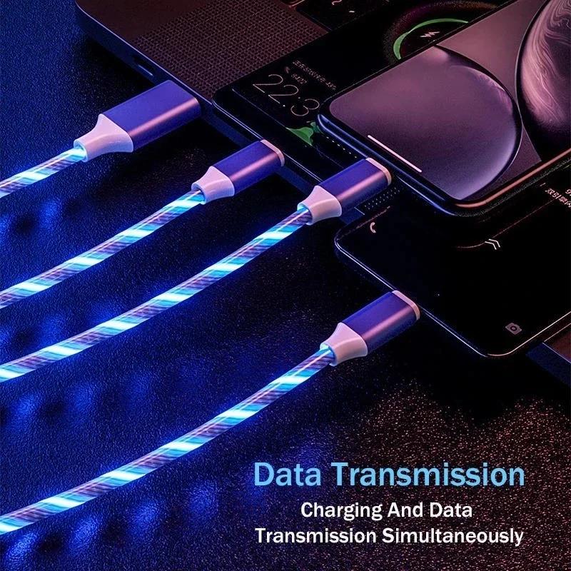3IN1 Metal Streamer Cable Is Suitable For  Android Type C Mobile  One Split Three Fast Charging Luminous
