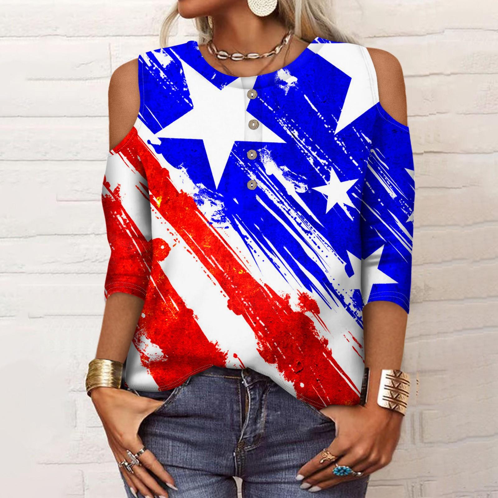 

Женская летняя рубашка, модная свободная повседневная рубашка с принтом и открытыми плечами, рукав 3/4, топ M синий