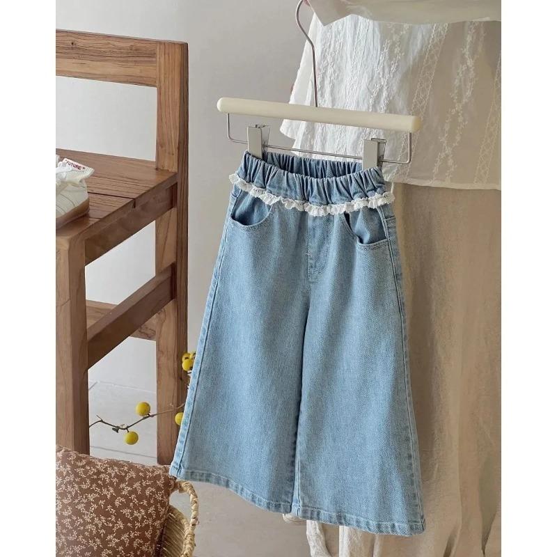 Girls Lace Straight Leg Jeans Spring Autumn Children Clothing Pants Children Korean Wide Leg Denim Pant