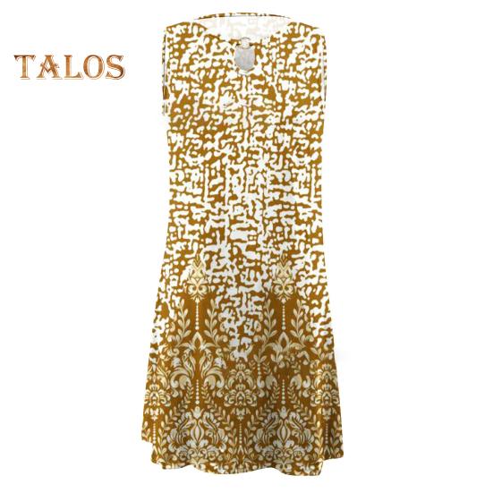 Damen Boho Ärmelloses Mini-Kleid Rundhalsausschnitt Bedrucktes Kurzes Tankkleid Sommer Lässig Strand Swing Sonnenkleid