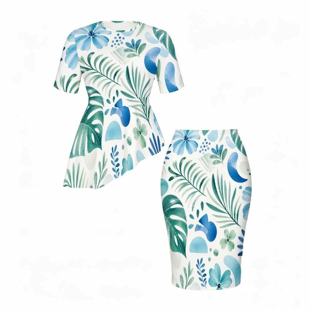 Women Plus Size Tropical Leaf Printed Round Neck Short Sleeve Asymmetric Top Fitted Skirt Two Piece Set
