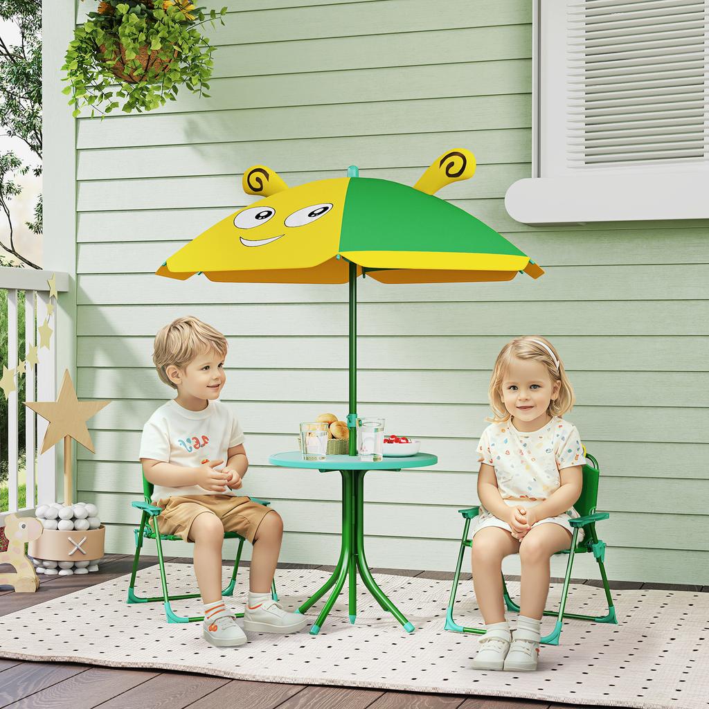 Garden Furniture Set for Children, Chairs, Table, Parasol, Bee Design, Green+Yellow