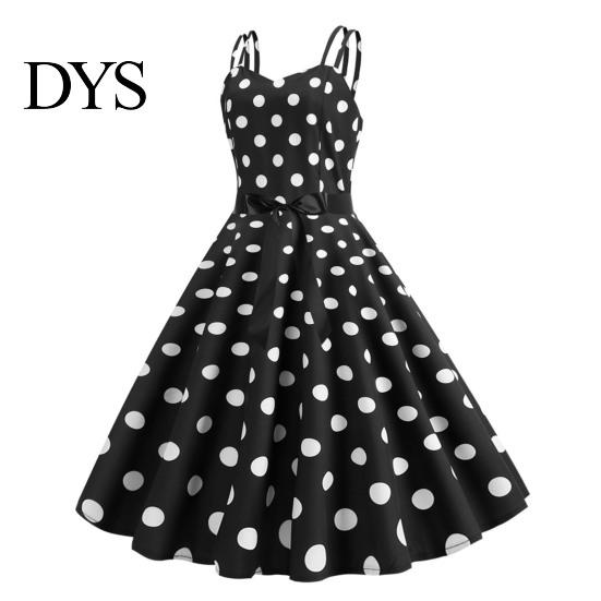 Vinatge 60s Sundress Women Dress Retro A-line Big Swing Tight High Waist Bow Decor Sleeveless V Neck Back Zipper Dot Print Contrast Color Party