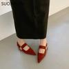 Fashion SUOJIALUN Autumn Women New Brand Flat Shoes Fashion Red Pointed Toe Mary Jane Shoes Buckle Flat Heel Outdoor Dress Ballerinas
