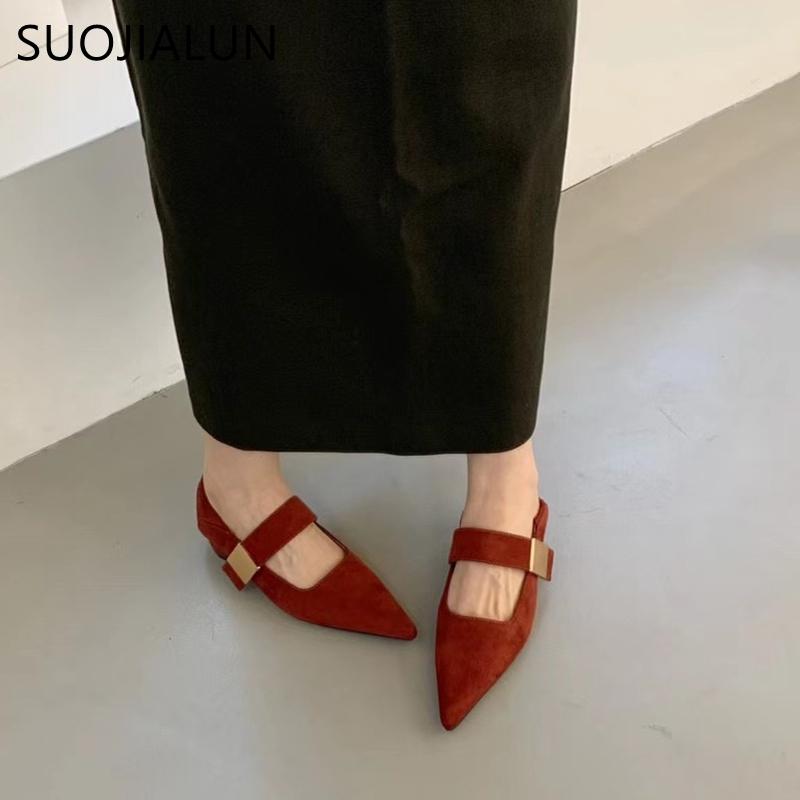 Fashion SUOJIALUN Autumn Women New Brand Flat Shoes Fashion Red Pointed Toe Mary Jane Shoes Buckle Flat Heel Outdoor Dress Ballerinas