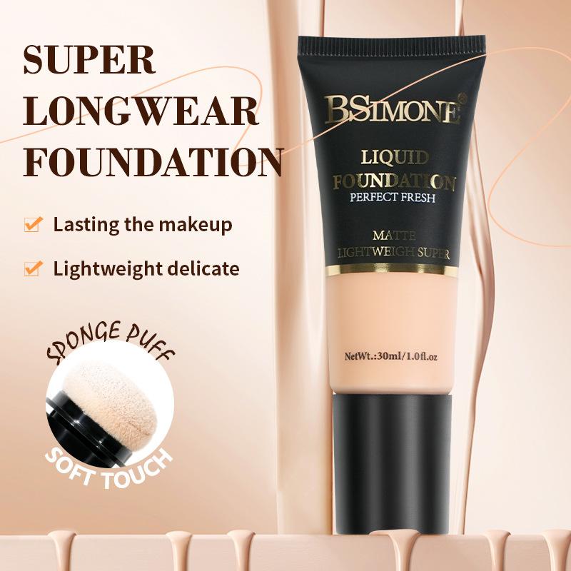 Bsimone Coverage Foundation Long-Lasting Oil Control Waterproof Liquid Foundation Matte Finish Concealer With Sponge Brush Head
