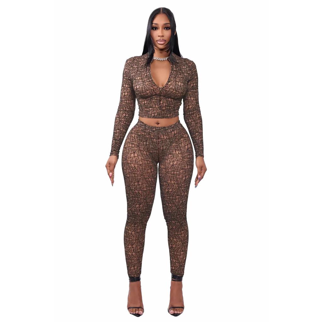 European & American Women's Spring/Autumn Half-High Collar Zipper Cropped Top with Long Sleeve & High-Waisted Pants Two-Piece Set