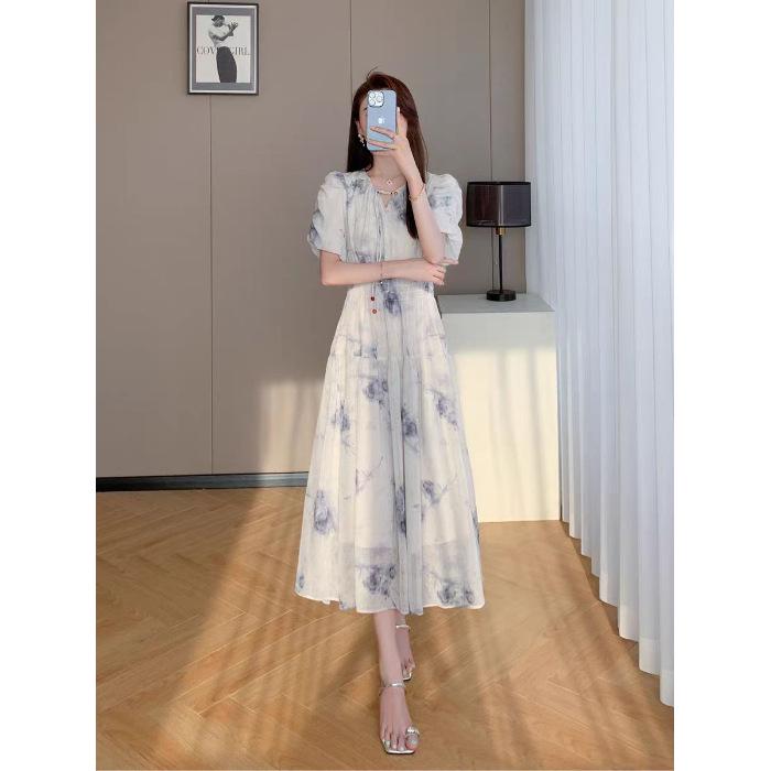 2026 Women s Summer V-Neck Slimming Ink Wash Chiffon Dress Small