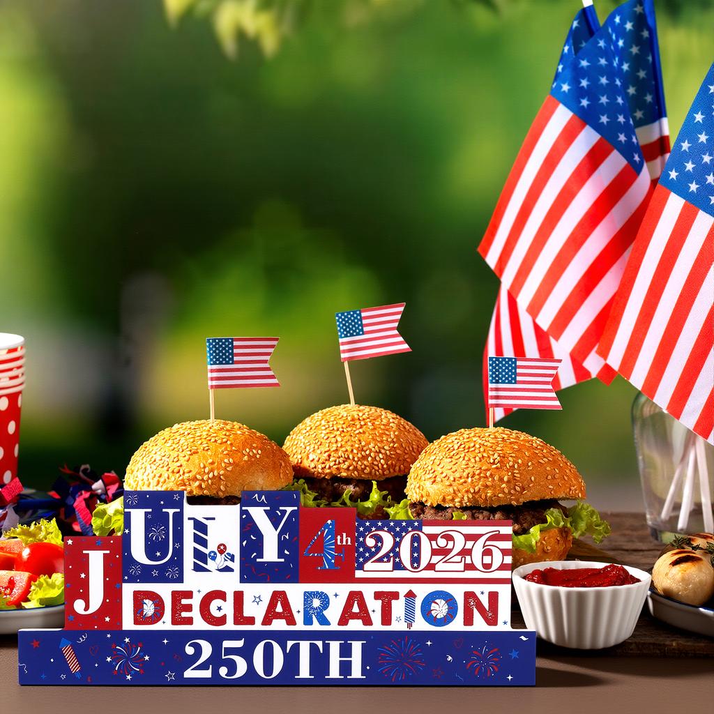 Patriotic Design: Wooden Table Sign Featuring Bold Red, White, And Blue Colors With Fireworks, Stars, And Festive July 4Th 2026