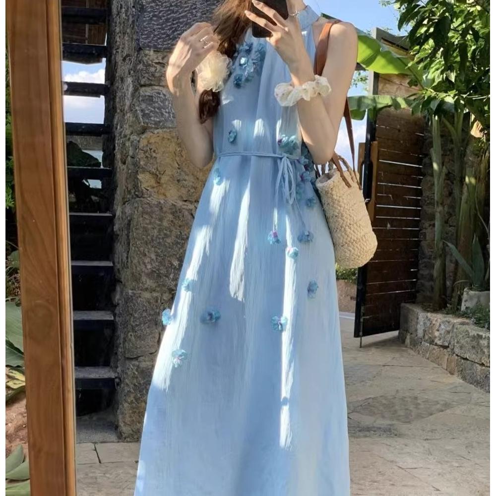 Blue three-dimensional flower neck dress women's summer gentle wind sweet first love dress temperament super fairy sleeveless holiday dress